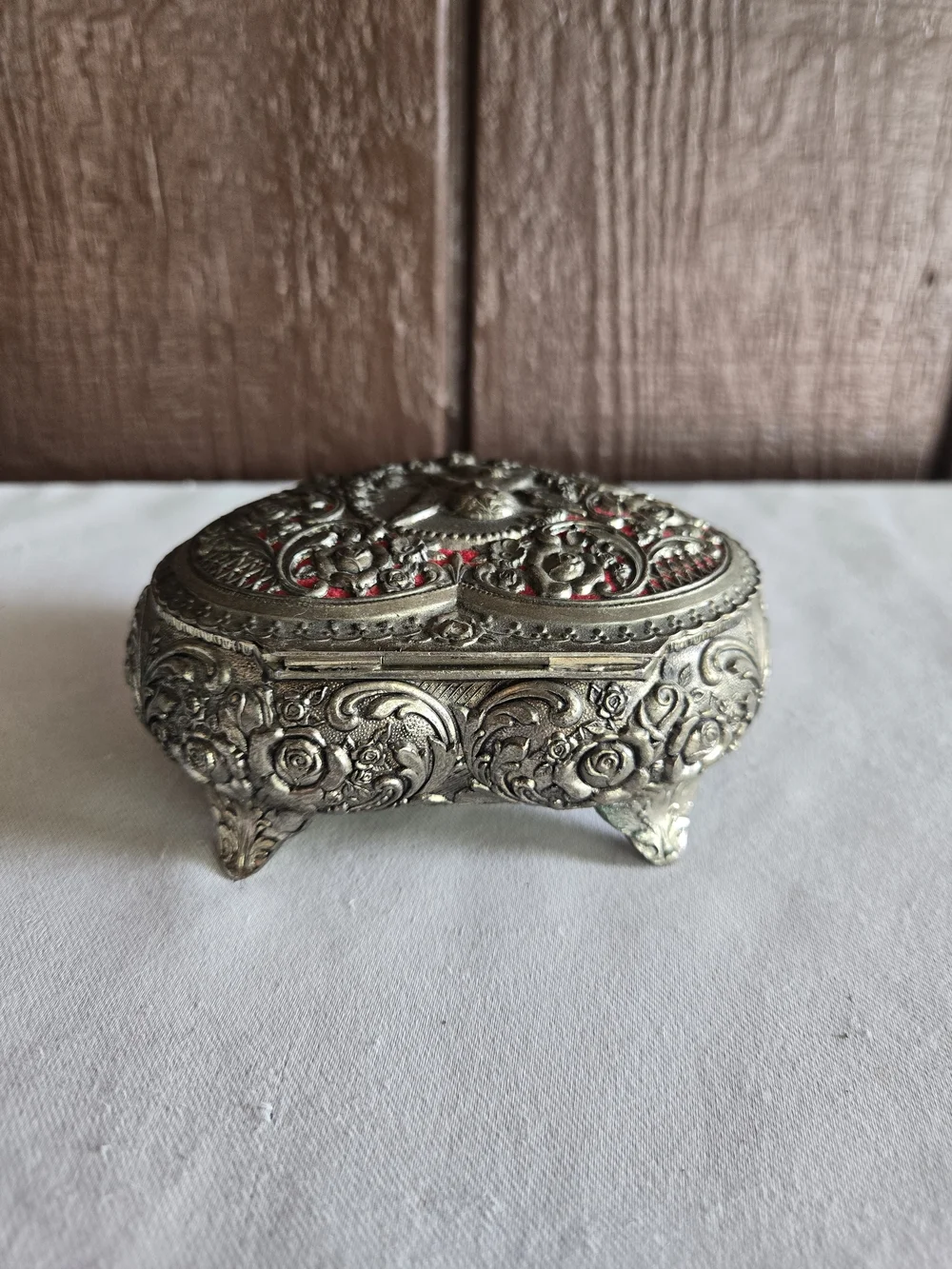 Ornate Heart-Shaped Trinket Box - Cherub and Roses with Red Lining